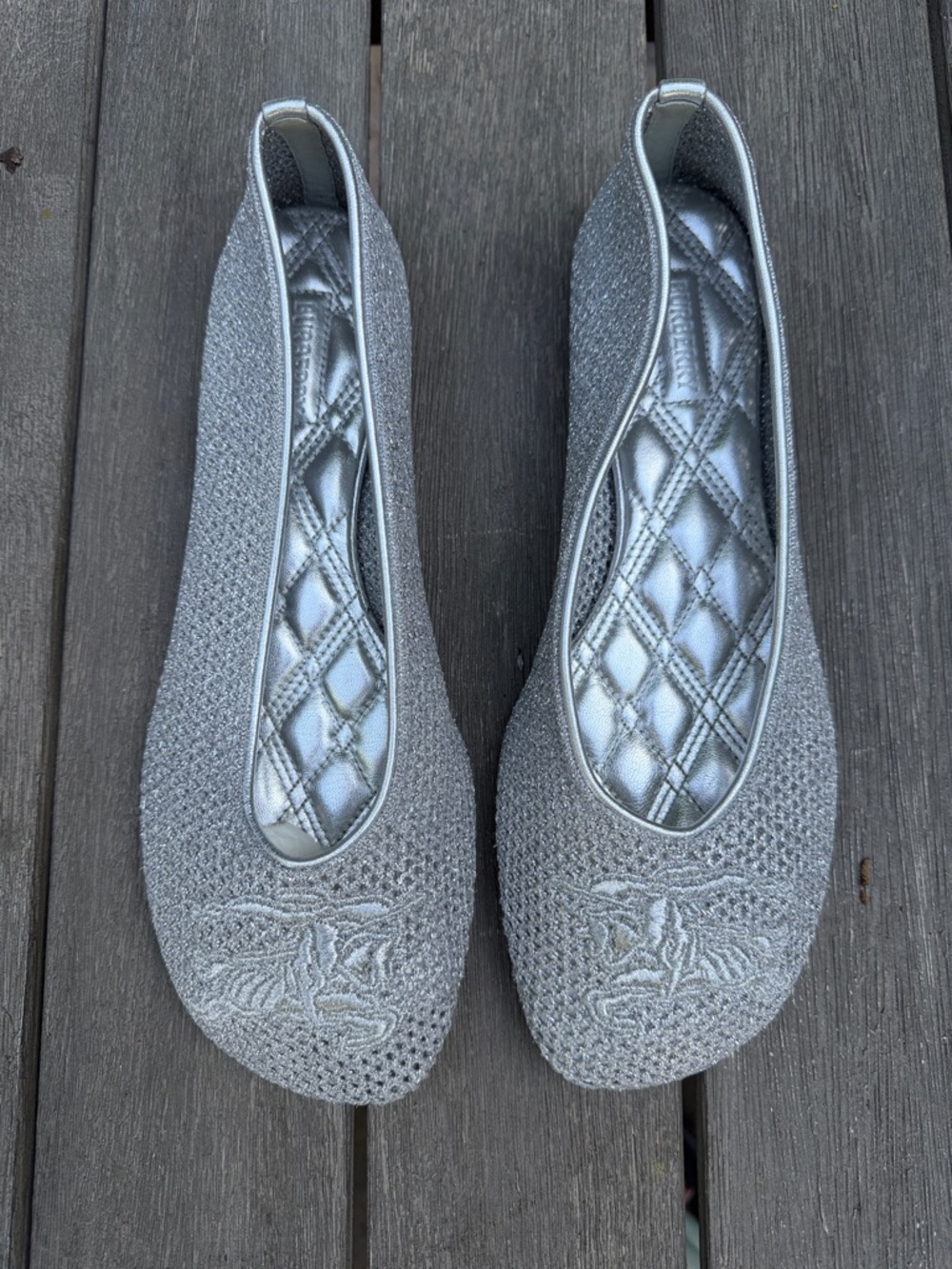 Burberry Silver Lurex Style Mesh Ballerina Flats 37.5, 7.5